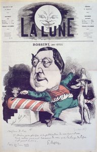 Capa da revista &39;La Lune&39; apresentando uma caricatura de Rossini com uma mensagem e autógrafo do compositor, 27 de junho de 1867